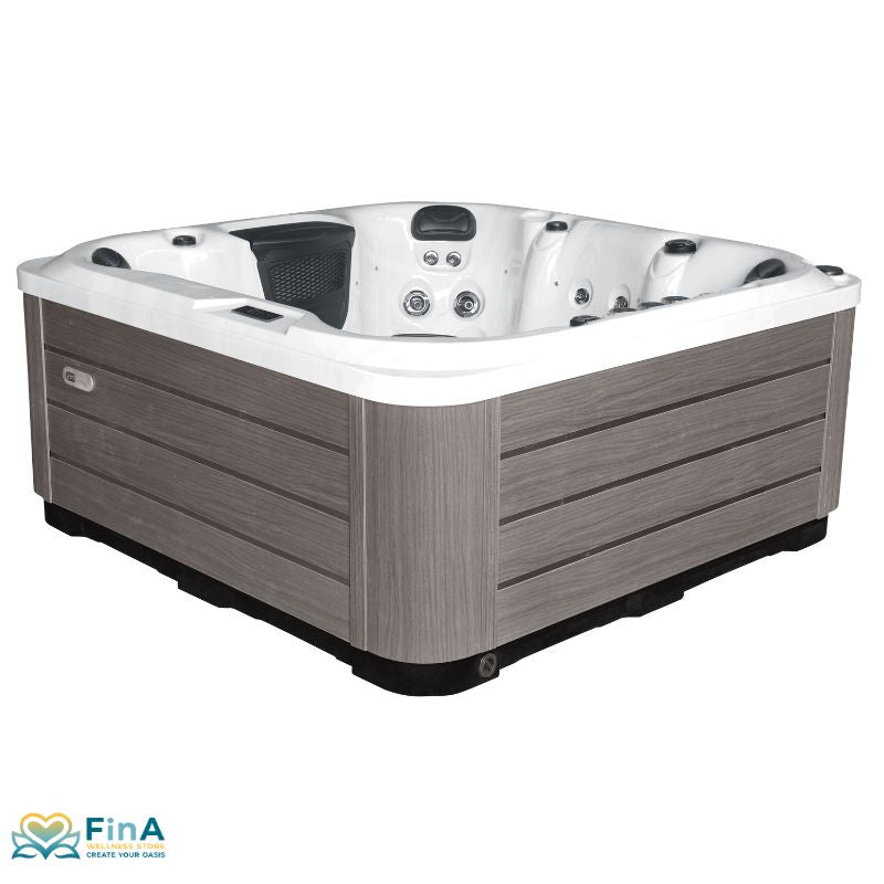 Platinum Spas Seville Hot tub for 7 Persons with gray wood-look cladding and white acrylic pool - equipped with stainless steel massage jets, control panel and LED lighting for luxurious outdoor comfort