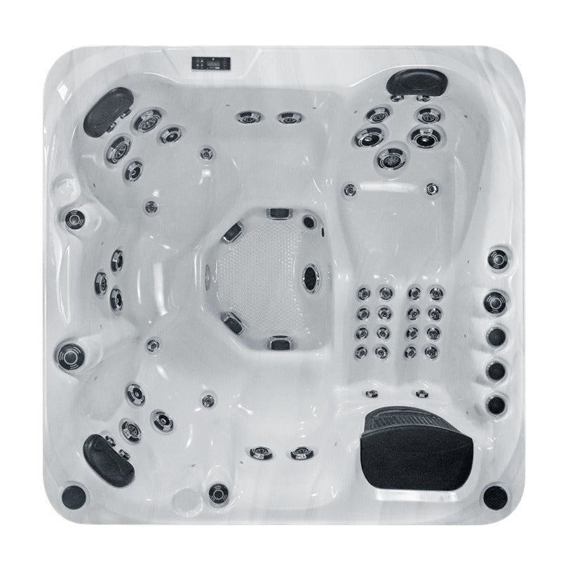 Interior view of the Platinum Spa Refresh Hot tub with 49 massage jets, reclining area and ergonomic seats for 6 Persons